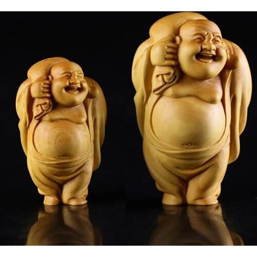 6/8cm Wooden Smile Buddha Bag Maitreya Boxwood Carving Wood Pendant Home Decoration