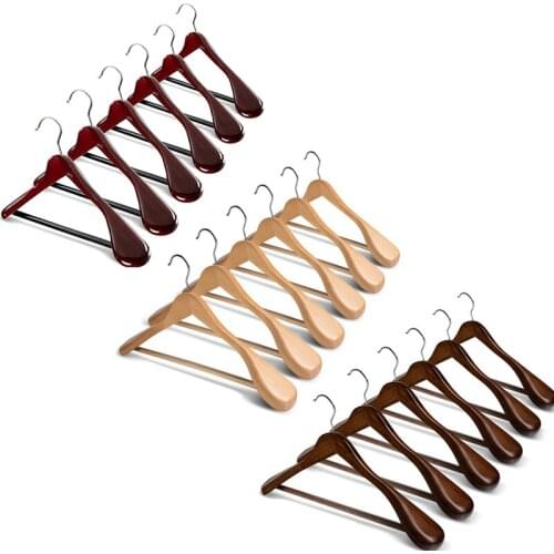 6 Pcs Wide Shoulder Wooden Hangers with Non Slip Pants Bar for Coat Clothes Dress Suit Home Accessories