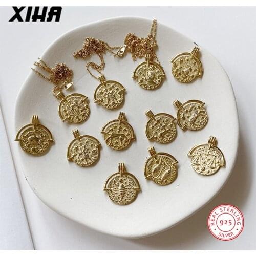 925 Sterling Silver Gold Arc Coin Necklace 12 Constellation Leo Zodiac Sign Necklace Aesthetic Bohemian Jewelry Bulk Wholesale