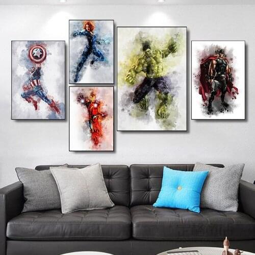 Marvel Watercolor Poster Movie Iron Man Avengers Superhero Smoke Canvas Painting Print Wall Art Picture for Home Decor Cuadros
