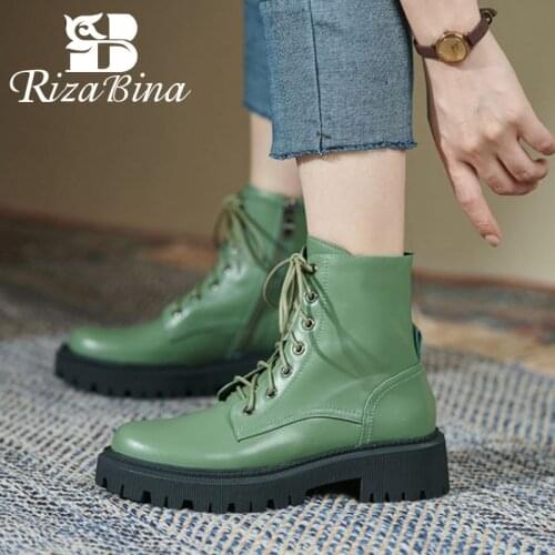 RIZABINA New Fashion Genuine Leather Ankle Boots For Women Low Heel Fashion Short Boot Winter Cool Female Footwear Size 34-42