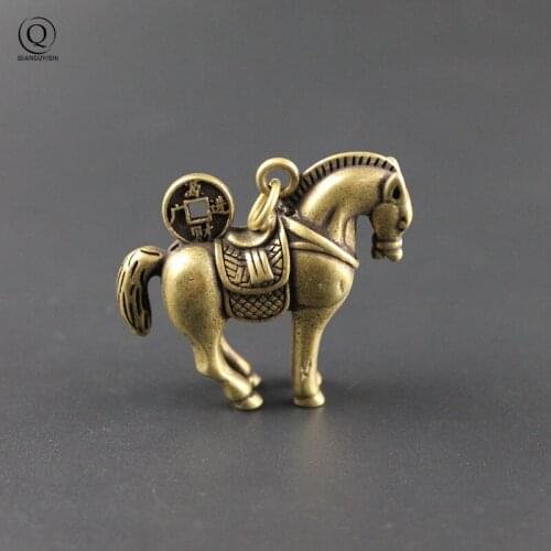 Pure Copper Lucky Coins Horse Keyring Hanging Jewelry Accessory Metal Brass Animal Key Chain Ring Pendant Men Car Keychain Gifts