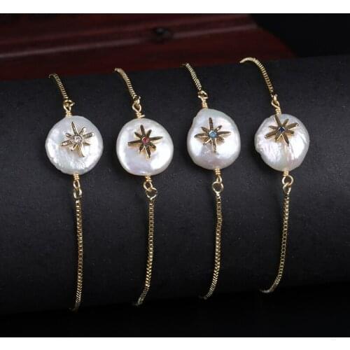 Cz tiny Star of David charm freshwater pearl bead charms dainty gold link bracelet for women wedding birthday jewelry gift