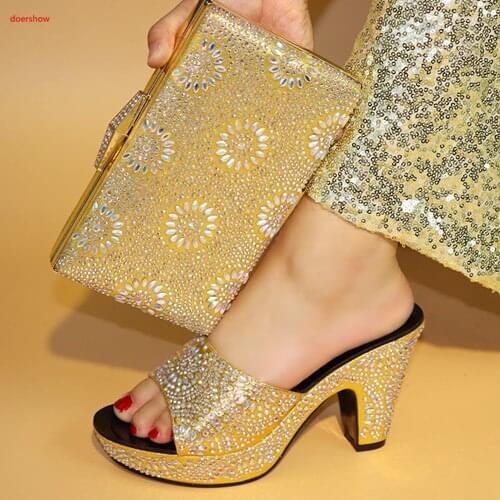 Doershow 2018 New Design African High Heels Shoes And Bag Set For Party Summer Rhinestone Woman Slipper Shoes And Bag Set SBV1-2