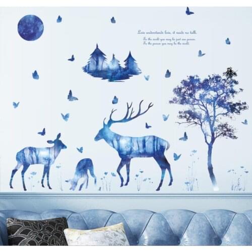 Home Wall Stickers,Blue Dream Forest Deer Wall Stickers,Living Room Bedroom Background Wall Decoration Wall Stickers,Home Poster