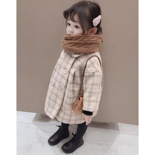 Baby Girls Double-Breasted Woolen Jacket Autumn Winter New Childrens Casual Loose Outerwear Clothes Little Kids Plaid Coat P385