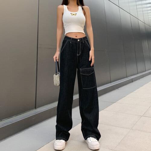 Baggy Jeans Women Pockets Patchwrok Denim Vintage Streetwear Cargo Pans Cotton Casual Trousers Loose Straight Wide Leg Jeans
