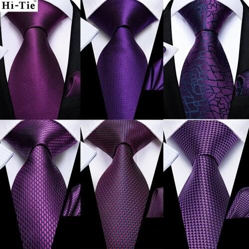 Hi-Tie Purple Blue Solid Designer 100% Silk Wedding Tie For Men Hanky Cufflinks Business Necktie Set Luxury Gravata Dropshipping