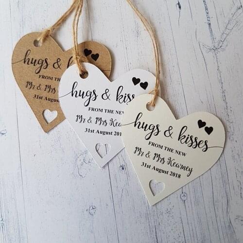 Customized Heart Shaped gifts Tags Personalised name date Bridal shower bachelor Hugs And Kisses From The New Mr And Mrs lables