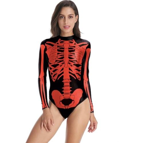 Terror Halloween Costume Red Skeleton Print Bodysuit For Women Horror Bone Long Sleeves Top Spandex Scary Party Club Lady Girls