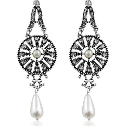 Round Earrings Circular Drop Earrings Black silver plating Inlaid Rhine stone Imitation Pearl Brincos Fashion woman Jewellery