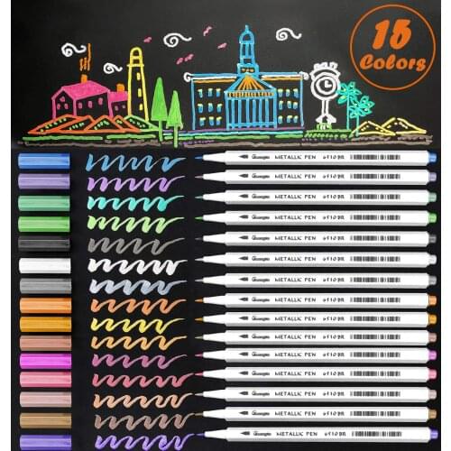 Metallic Marker Pens 15 Assorted Color Soft Brush Tip Sheen Glitter Painting Pen Card Making