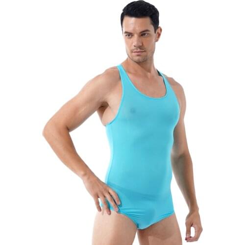 Mens Solid Color Stretchy Leotard Catsuit Round Neck Sleeveless Wrestling Singlet Fitness Gym Sportswear Skinny Bodysuit Romper