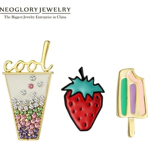 Neoglory Colorful Strawberry Enamel Ice Cream Drinks Brooches For Women Girl Fashion Jewelry Gift New 2020
