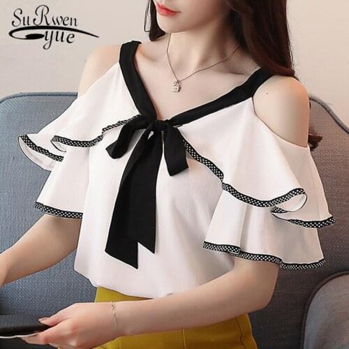 New 2021 Fashion Short Sleeve Women Tops Chiffon Shirt Sexy Women Blouse Strapless Bow V-neck Womens Clothing Blusas D598