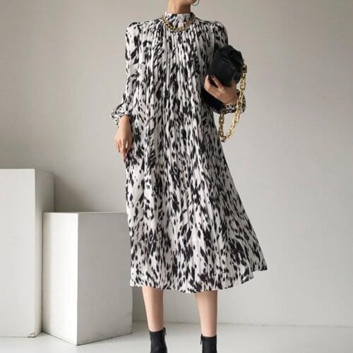 New Korean Women Stand Collar Chic Panelled Dress Fashion Vintage Pleated