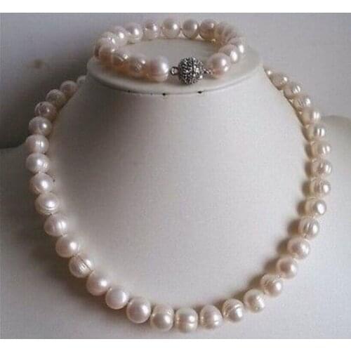 Natural 9-10mm White freshwater Cultured Pearl Necklace Bracelet Set 18"/7.5"