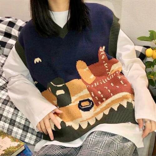 Casual Sweater Vest Women 2021 Korean Style Vintage Cute Cartoon Pattern Sleeveless Pullover Knitted Tank Tops Waistcoat T656