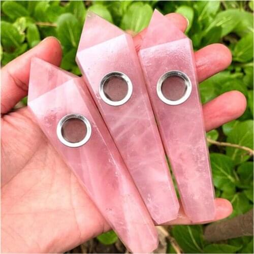 Pink Rose Quartz Crystal Smoking Pipe Carved Stones Healing Reiki Home Decoration Gemstones