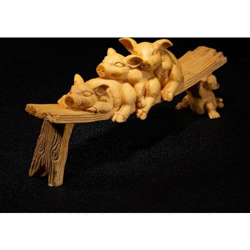 Boxwood 27cm Pig Sculpture Wood Animals Lucky Statue Relaxing Piggies Home Decor