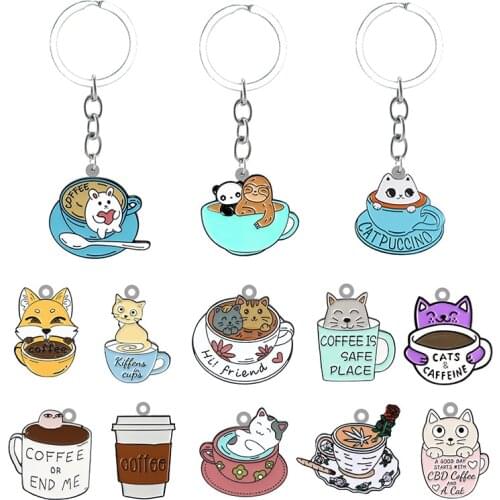 TAFREE Cat Coffee Cup Cartoon Shape Personality Keychain Jewelry Epoxy Backpack School Bag Resin Keychain Fashion Pendant