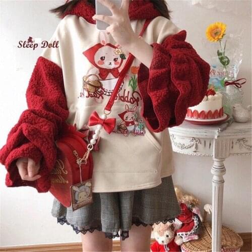 Cute Cartoon Winter Hoodie Streetwear Hip Hop Sweatshirt Red Fashion Tops Casual Funny Spring Autumn Harajuku Patchwork Hoodies