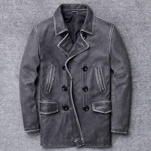 Heavy Wash Do Used Haining Genuine Clothing Head Layer Cowhide Male Long Leather Windbreaker Loose Coat Tide