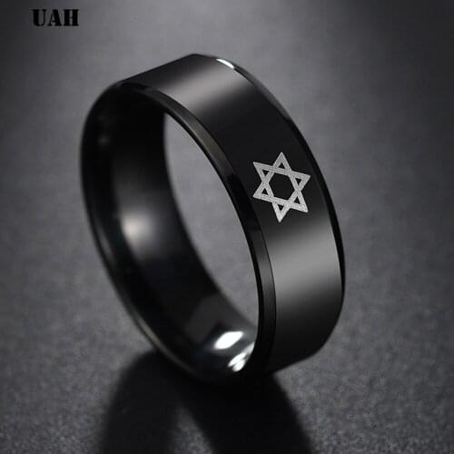 UAH Star of David Ring Men Religious Judaism Israel Jewish Jewelry Men Ring Stainless Steel Obsidian David Star Rings