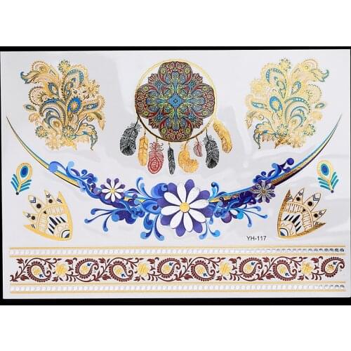 1pc Body Art Jewelry Flash Tattoo Metallic Gold Silver Temporary YH-117 Arabic Fish Feather Necklace Choker Exotic Tatoo Sticker