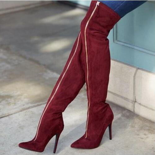 Elegant Red Thigh High Boots Pointed Toe Zipper Front Fashion Winter Over The Knee Boots For Women Runway Laides Fashion Shoes