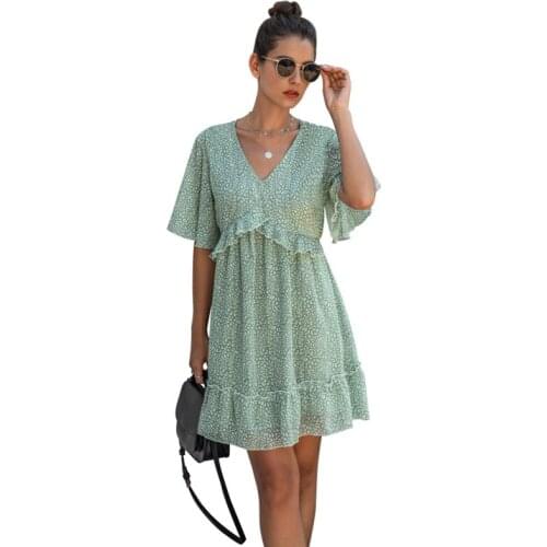 Spring/Summer 2021 New Fashion Printed V Collar Lotus Leaf Side Dress Pink Green Dress for Women