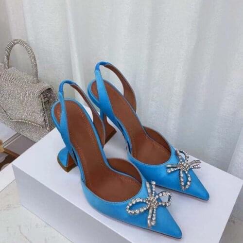2021 New Silk Pointed Toe Pumps Rhinestone Bow Fashion High Heels Sandals for Women