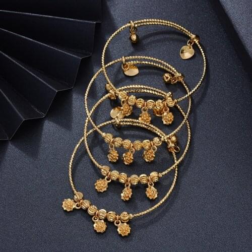 4pcs Ethiopian Pattern Gold color Bead Bangles For Women Wedding Bracelet Flower Arab Bangle Bracelet Best Gifts