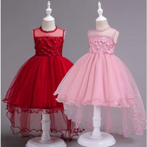 Girls Trailing Flowers Tulle Holiday Parties Asymmetrical Dress Wedding Birthday baby Girl Frocks For 8 10 12 14 16 Years
