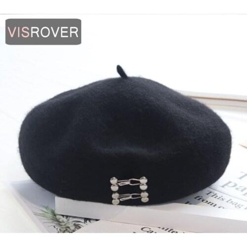 VISROVER 2020 New Cute black 100% Wool Beret Solid Autumn Hat Winter Cap Spring top quality Beret Hat Rabbit Beret Wholesale