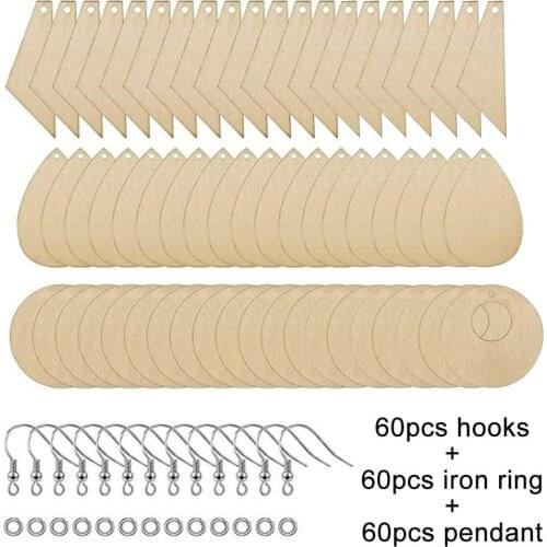 60Pcs Wooden Geometric Earring Pendant DIY Jewelry Making Crafts Rings Set