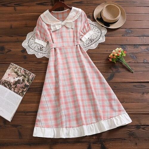 Summer new mori girl cute dress fashion style short sleeve women plaid dress