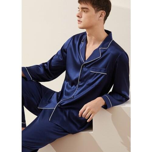 Mens 100% Real Silk Pajamas Set for Men Sleepwear Loungewear Long Sleeve Button Down PJ with Pocket Luxury 19 Momme