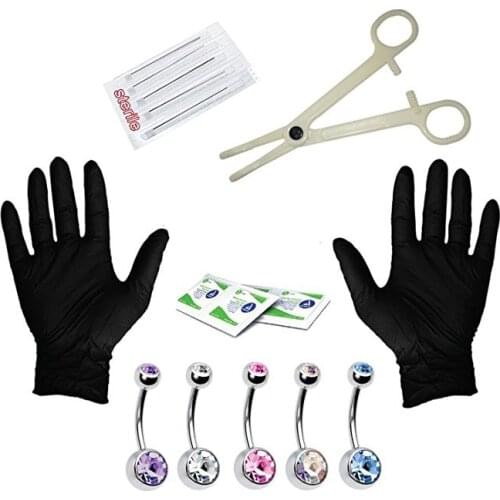 15PCS Belly Piercing Tool Kit Belly Bar Nose Ear Lip Eyebrow Maker Piercing Needle Gloves Set 14/16G Needle Tool Body Piring