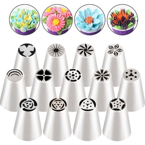 New Russian Tulip Nozzles 13Pcs/Set For Cake Cupcake Decorating Icing Piping Kitchen Tool Russian Rose Flower Pastry Tips