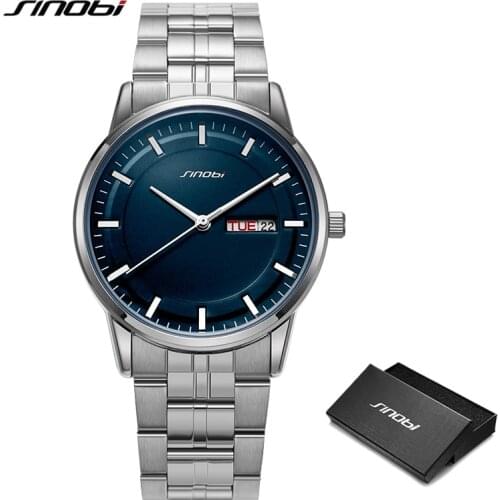 SINOBI New Arrival Mens Watch Blue Face Business Mens Quartz Wristwatch Fashion Stainless Steel Sports Clock Relogio Masculino