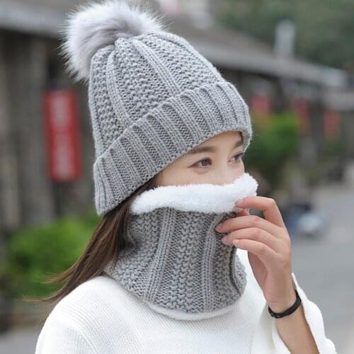 Autumn Winter Womens Hat Caps Knitted Wool Warm Scarf Thick Windproof Balaclava Multi Functional Hat Scarf Set For Women