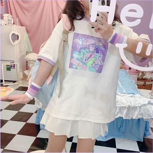 Casual Women Clothing clothes tee Harajuku Cute anime Printing T-shirt Fashion Womens T Shirts O Neck Short Sleeve Tee Shirt