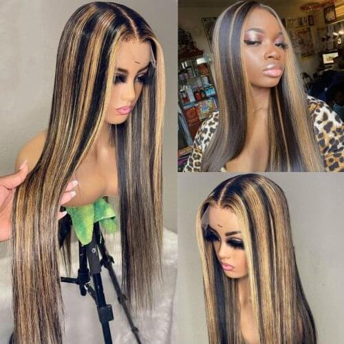 Straight Lace Front Wigs Highlight Human Hair 13x4 Lace Frontal Wig Pre Plucked Remy Human Hair Ombre Blonde T Part Lace Wigs