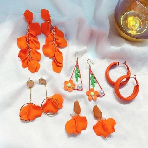 Fashion Women Flower Petal Dangle Drop Hoop Hook Earrings Long Dangle Statement Drop Earrings Orange Holiday Jewelry Gift