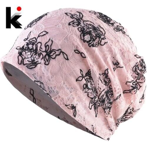 Ladies Beanie Hat Knitted Lace Flower Hats Women Spring Summer Skullies Beanies Solid Color Headwear Bonnet Female Gorras Beanie