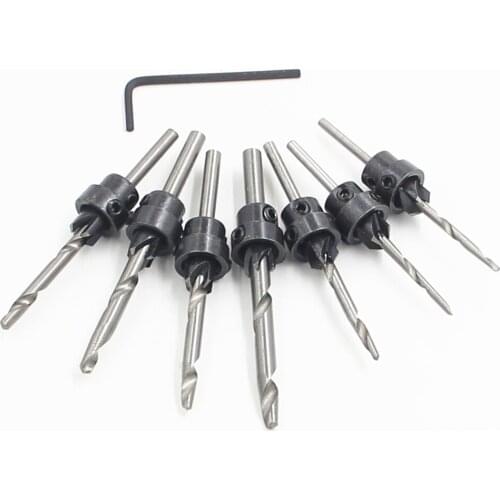 Countersink Drill Bits With Adjustable Depth Stop Collar Wood Woodworking 7pc Drilling Hole Saw 4 flute