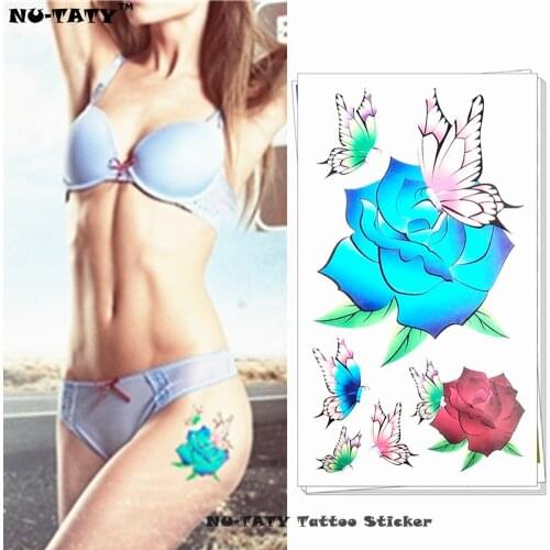 Nu-TATY Blue Rose Butterfly Temporary Tattoo Body Art Arm Flash Tattoo Stickers 17*10cm Waterproof Fake Henna Painless Tattoo