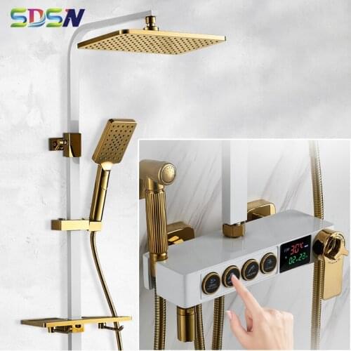 SDSN Thermostatic Shower Set of Copper Brass Bathroom Faucet Mixer 12 Inch Shower Head Black Gold Digital Bath Shower Mixer Set