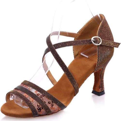 Sweet lady latin dance shoes glitter with lace girls ballroom professional Salsa tango party dancing sandals crossed strap